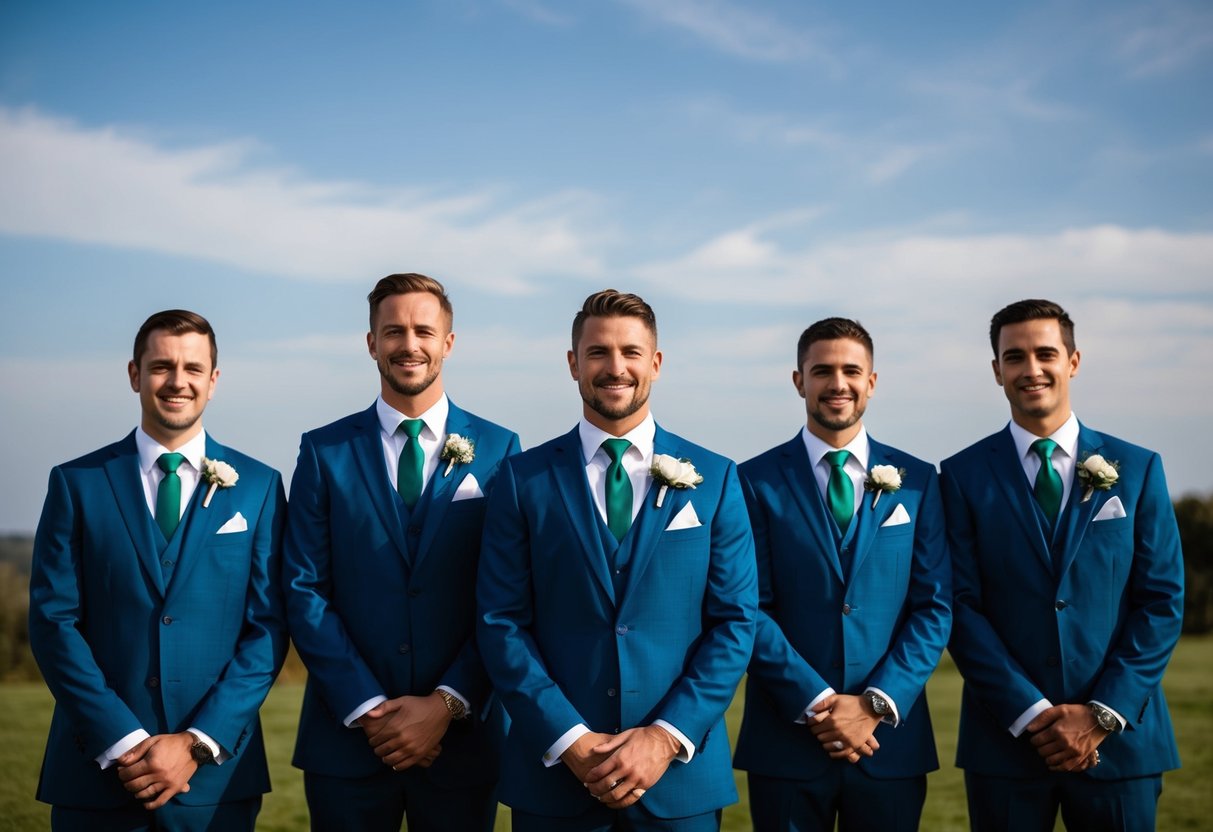 A groom and his groomsmen stand together, all dressed in matching suits with coordinating ties or bowties
