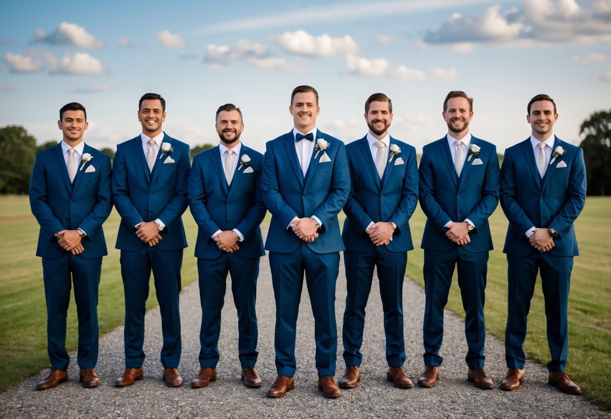 The groom and his groomsmen stand in a row, all wearing matching suits or tuxedos with coordinating ties or bowties