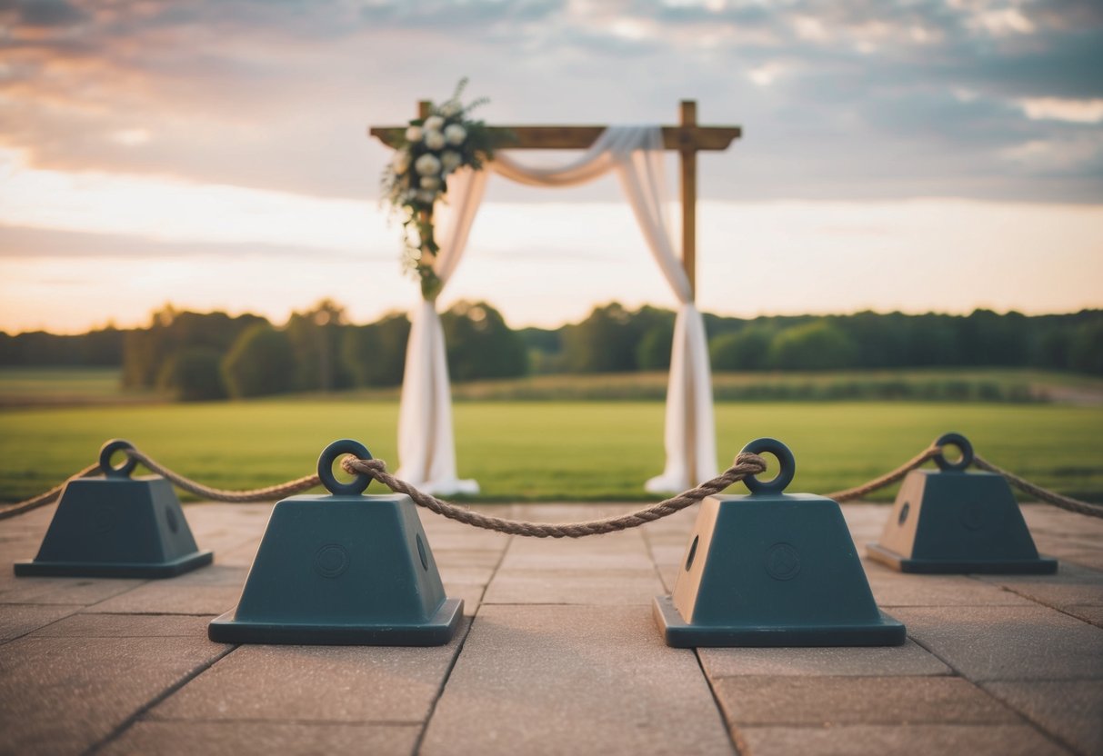 A wedding arch is anchored with heavy weights and secured with ropes