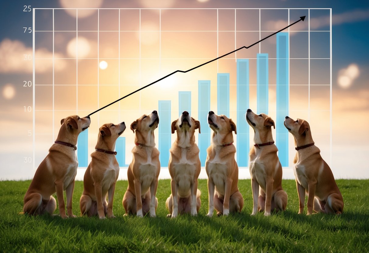 A group of doges standing tall, with one leading the pack, as they gaze upward at a chart showing a steady climb in price