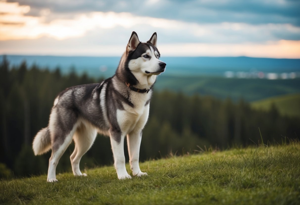 A husky inu stands proudly on a grassy hill, gazing into the distance with a sense of determination and confidence