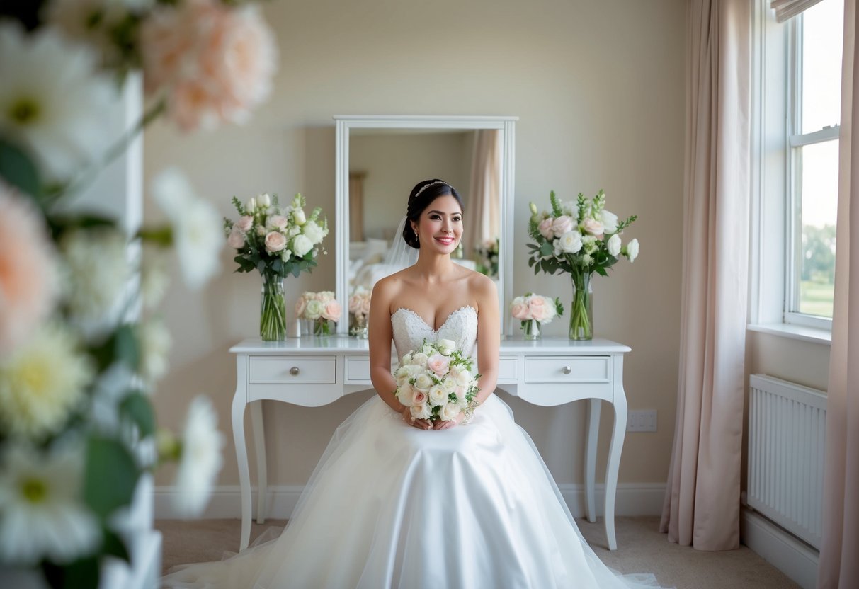 The bride's room is filled with soft morning light as she sits at her vanity, surrounded by flowers and her wedding gown, a serene smile on her face