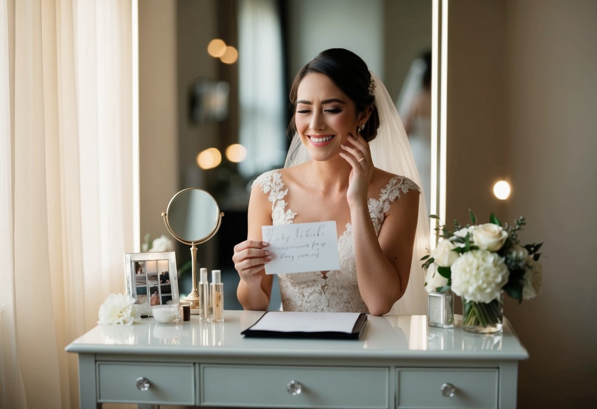 A bride sitting at a vanity, surrounded by soft morning light, holding a handwritten note and smiling with tears in her eyes
