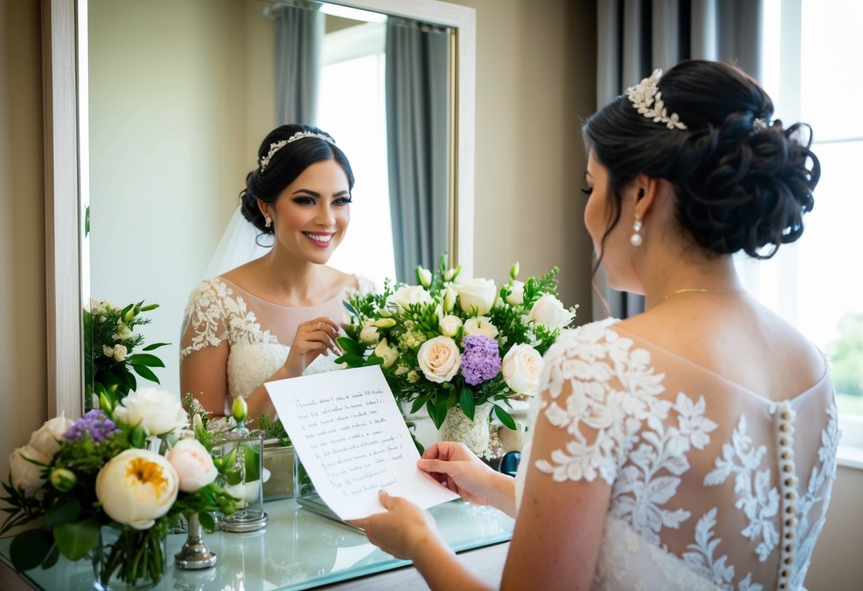 A bride sitting at a vanity, surrounded by flowers and wedding attire, reading a handwritten note with a smile on her face