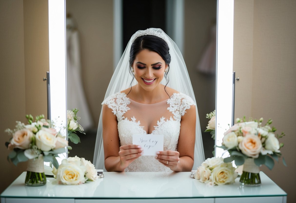 A bride sitting at a vanity, surrounded by delicate lace, flowers, and a wedding gown. She holds a handwritten note, tears of joy in her eyes