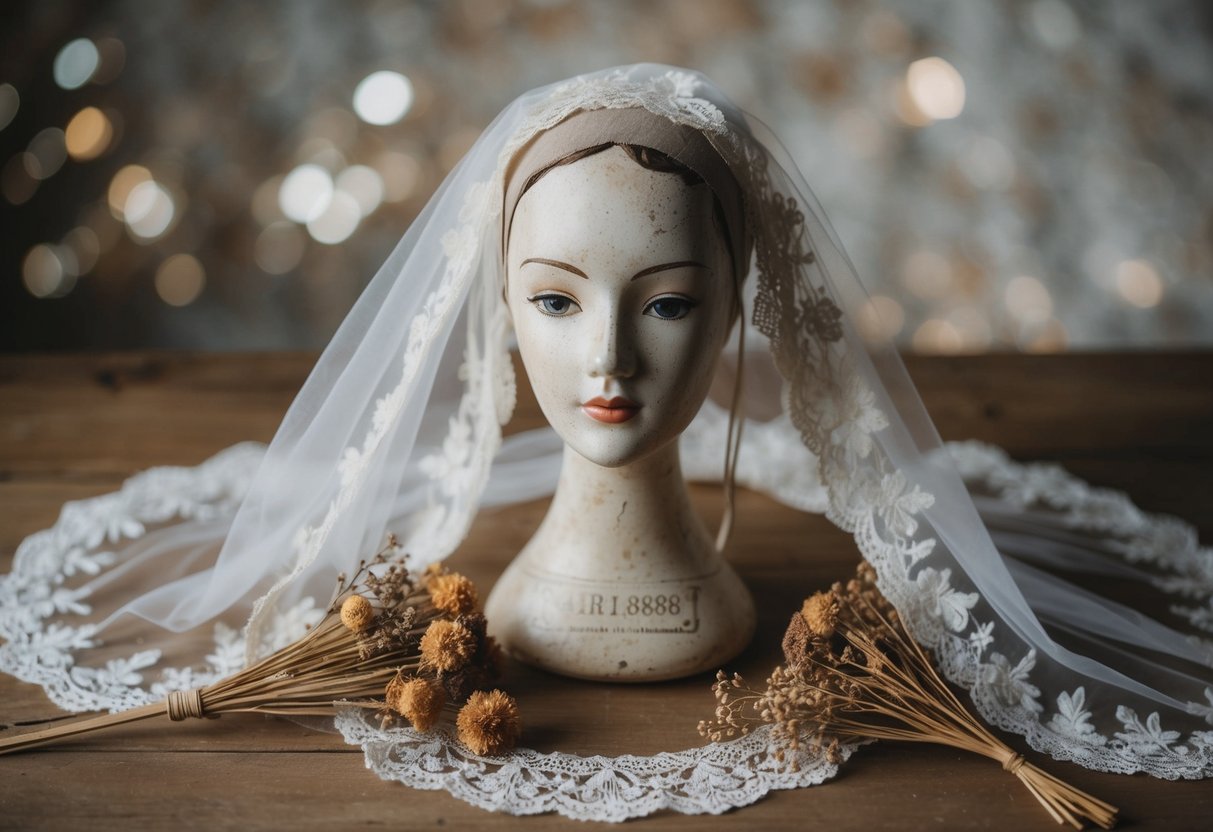 An antique wedding veil draped over a weathered mannequin head, surrounded by dried flowers and vintage lace