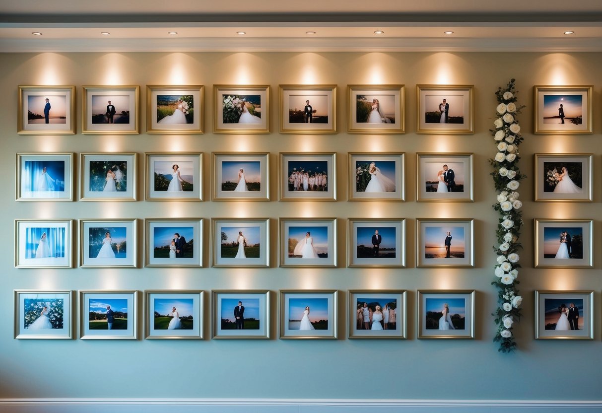 A gallery wall of framed wedding photos arranged in a symmetrical pattern with soft lighting and floral accents