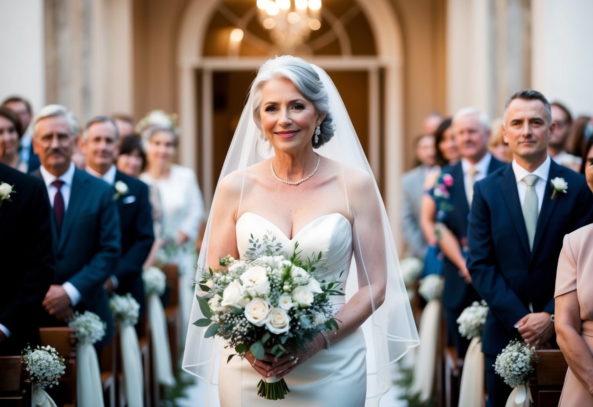A serene, elegant bride with silver hair walks down the aisle, radiating confidence and joy. Her timeless beauty and grace defy any age classification