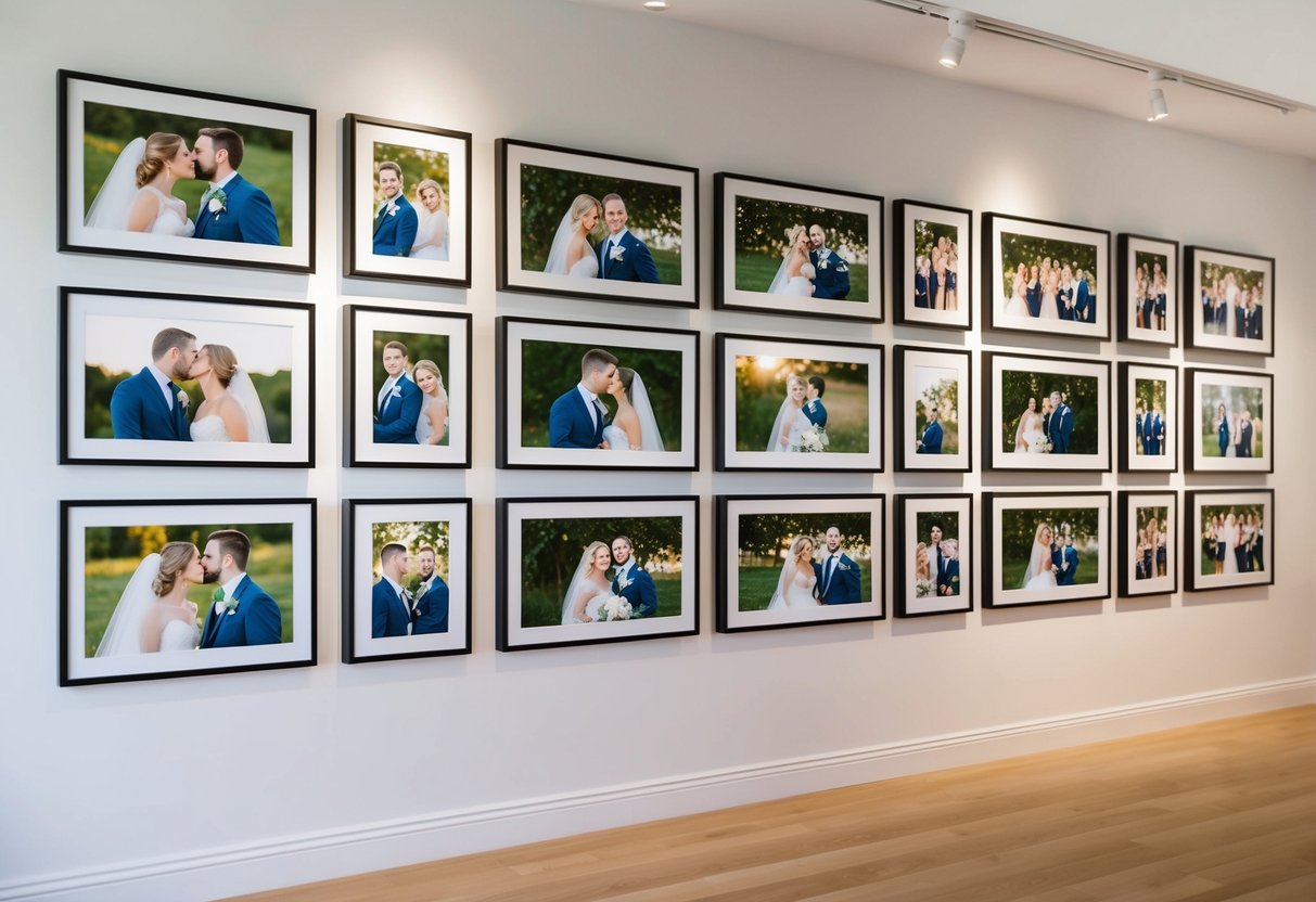 A gallery wall of framed wedding photos arranged in a symmetrical grid on a clean, white wall with soft, natural lighting