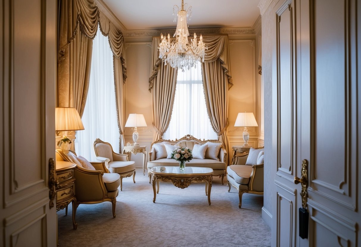 A luxurious, vintage-inspired bridal suite with ornate furniture and soft, romantic lighting