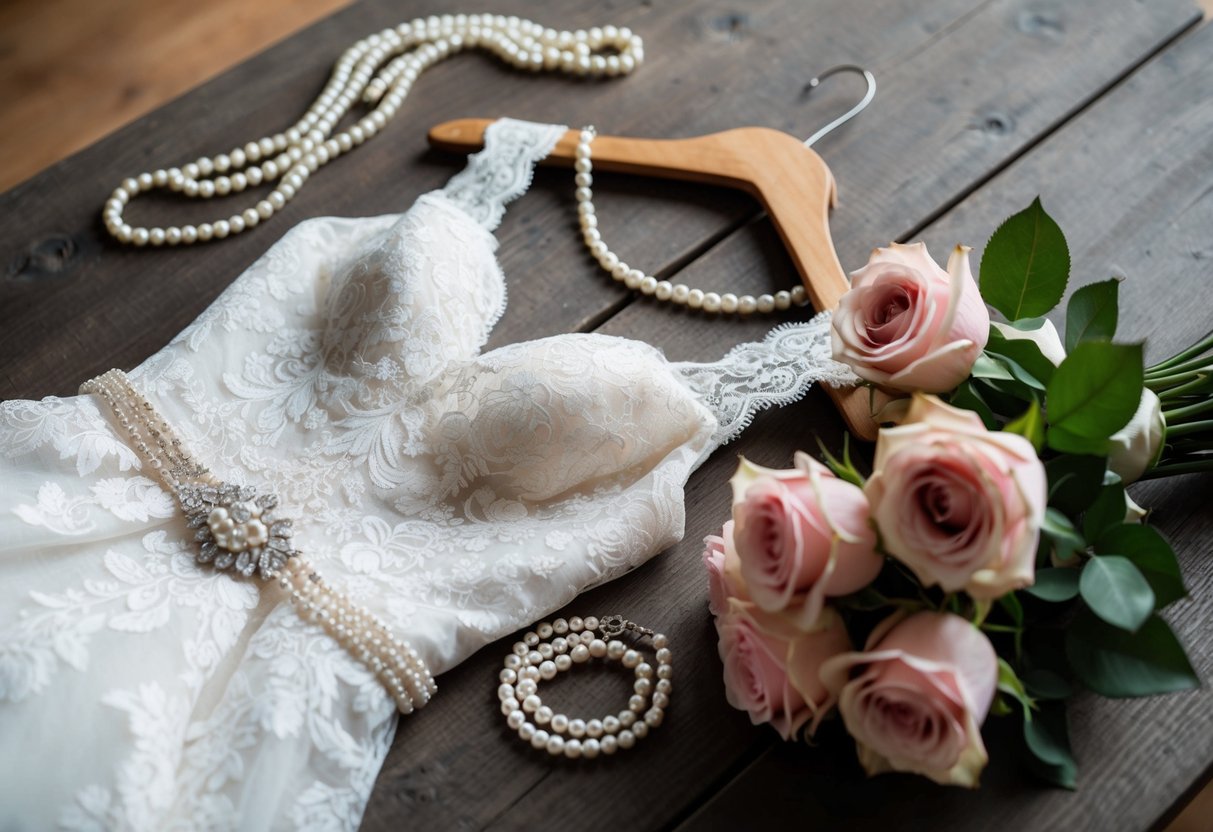 A vintage lace wedding gown hangs on a rustic wooden hanger, surrounded by delicate pearl jewelry and a bouquet of soft pink roses