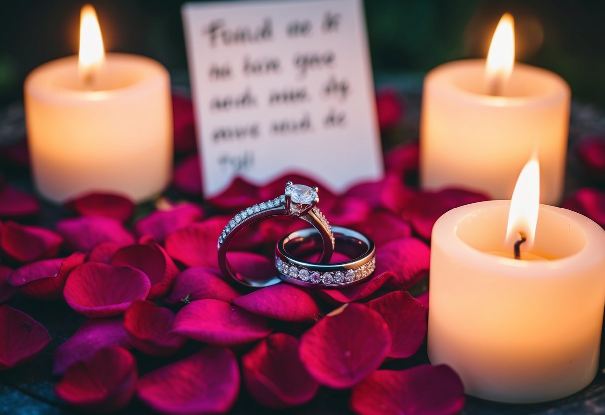 A pair of wedding rings placed on a bed of rose petals, surrounded by flickering candles and a handwritten note
