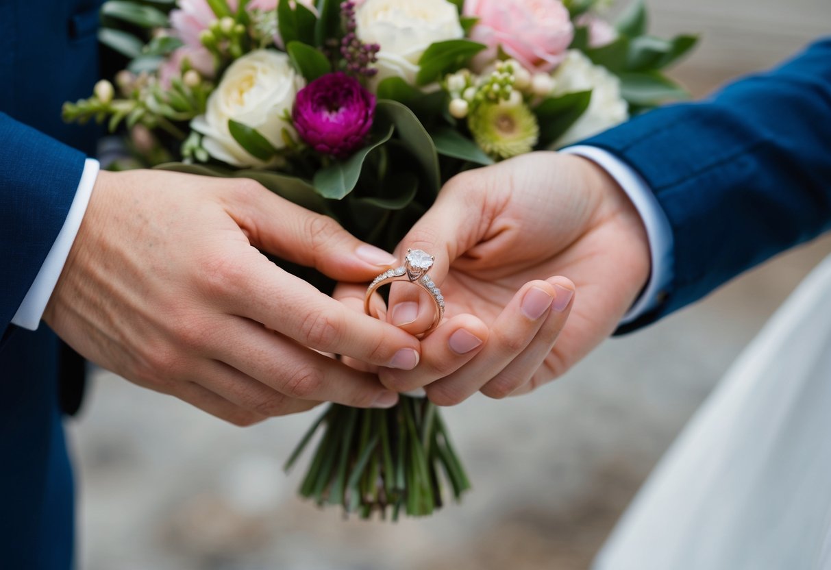 A couple's hands holding a wedding ring with a bouquet of flowers in the background