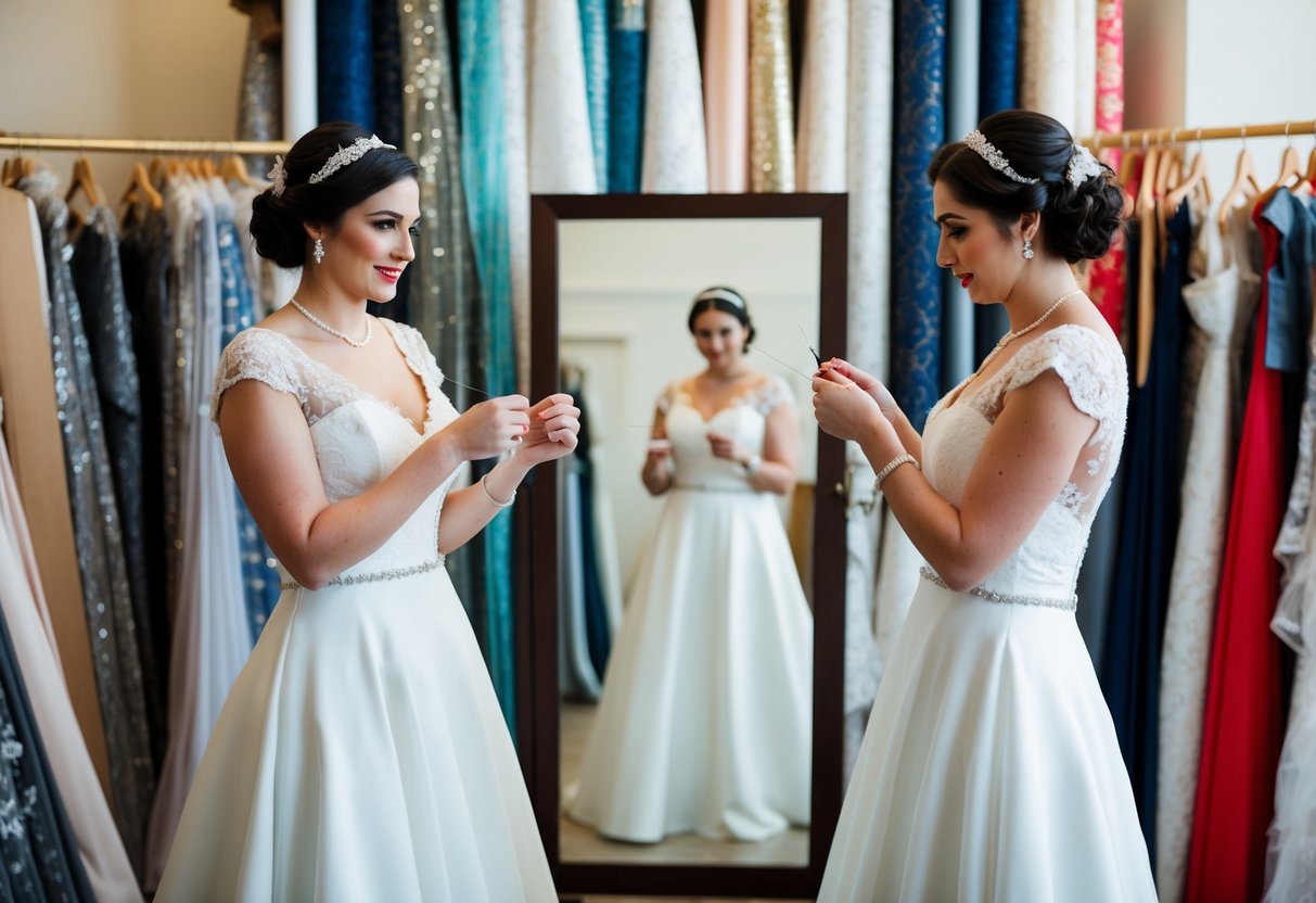 A bride stands in front of a full-length mirror, surrounded by bolts of fabric, lace, and beads. She holds a needle and thread, carefully adding intricate details to her simple wedding dress