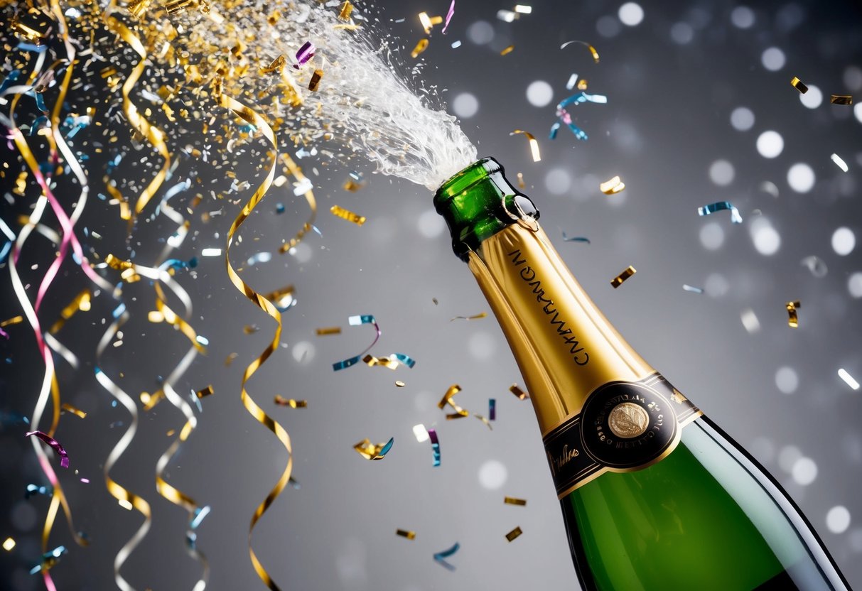 A champagne bottle popping with confetti and streamers in the air