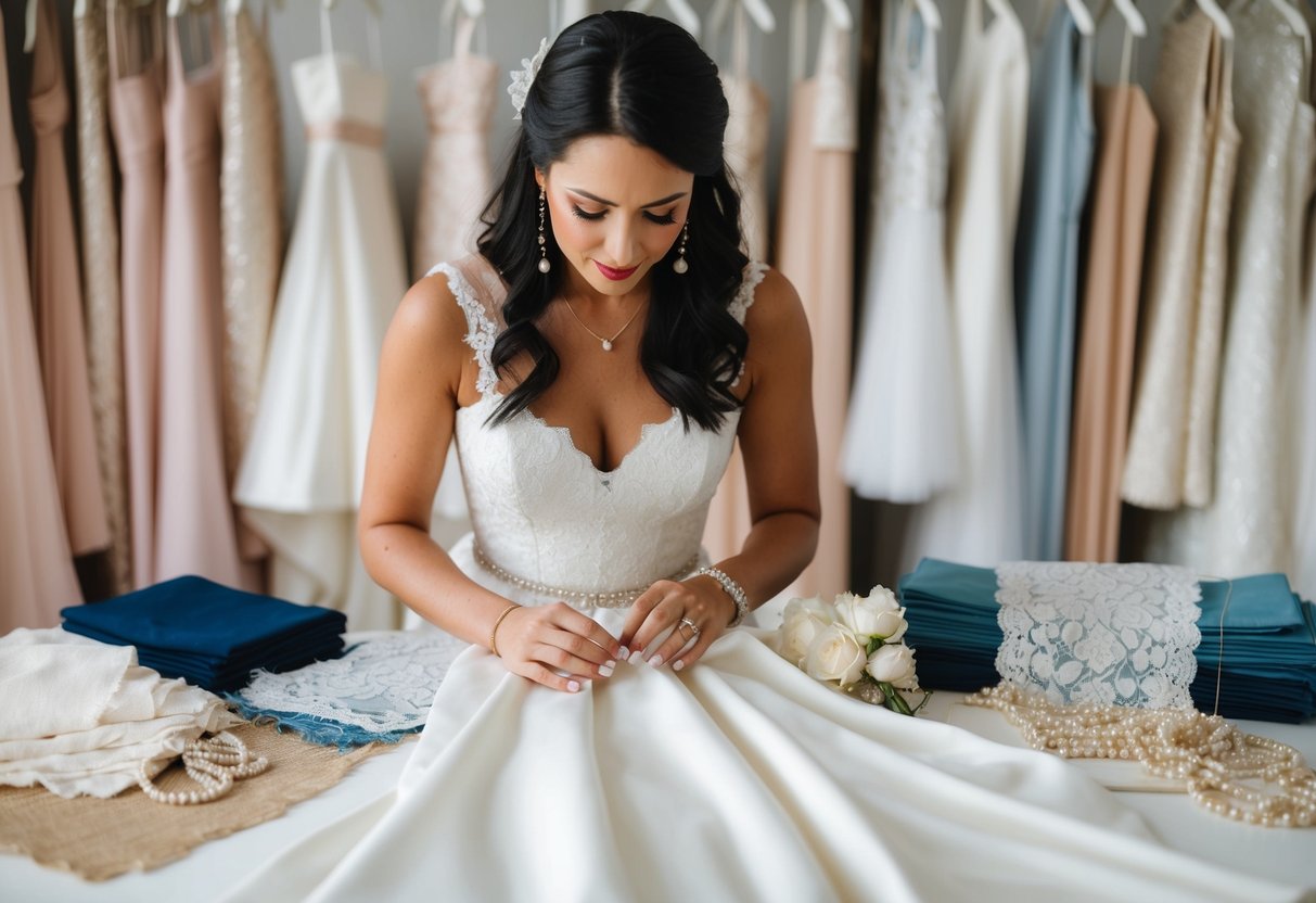 A woman examines her simple wedding dress, surrounded by fabric swatches, lace, and beads, searching for ways to enhance its design