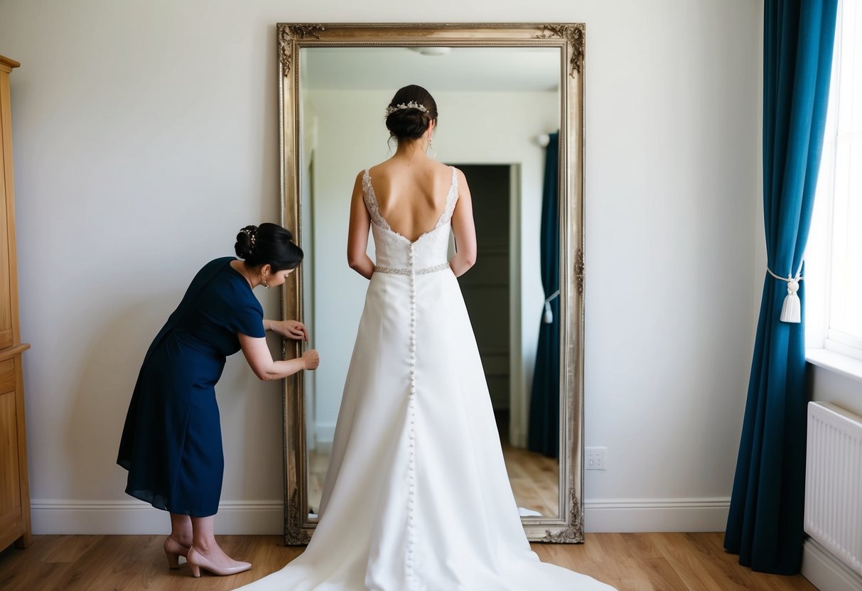 A bride standing in front of a full-length mirror, examining the fit and fabric of her simple wedding dress, with a seamstress pinning and adjusting the hem
