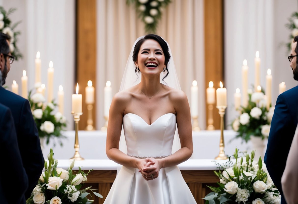 A bride in a white gown stands at the altar, surrounded by flowers and candles, with a joyful expression on her face