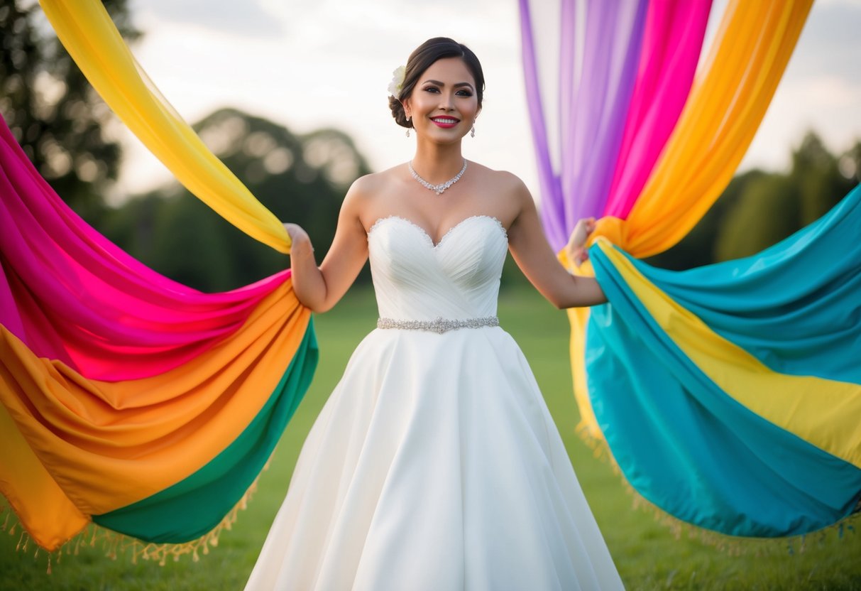 A bride in a white wedding dress stands confidently, surrounded by colorful fabrics symbolizing cultural meanings behind wedding dress colors