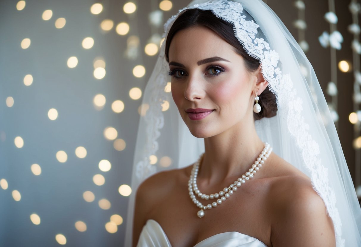 A bride in a white gown adds a delicate lace veil and pearl jewelry to her ensemble, symbolizing purity and innocence
