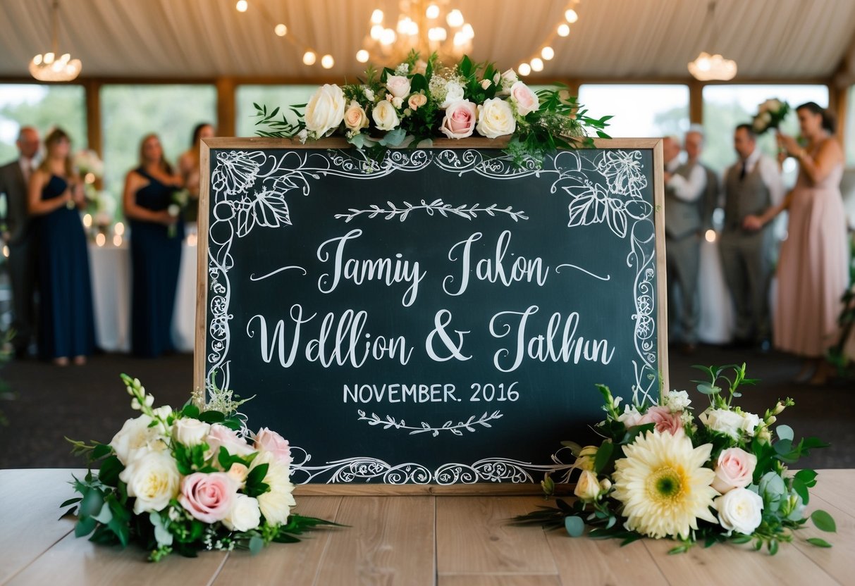 A chalkboard with a decorative sign featuring the couple's names and wedding date, surrounded by flowers and other wedding decor