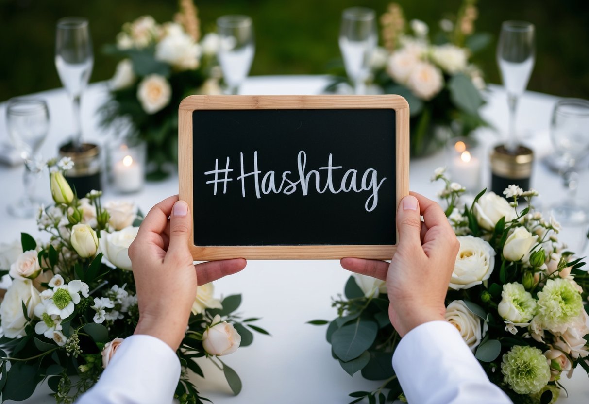 A couple's hands holding a chalkboard with a wedding hashtag written on it, surrounded by flowers and wedding decor