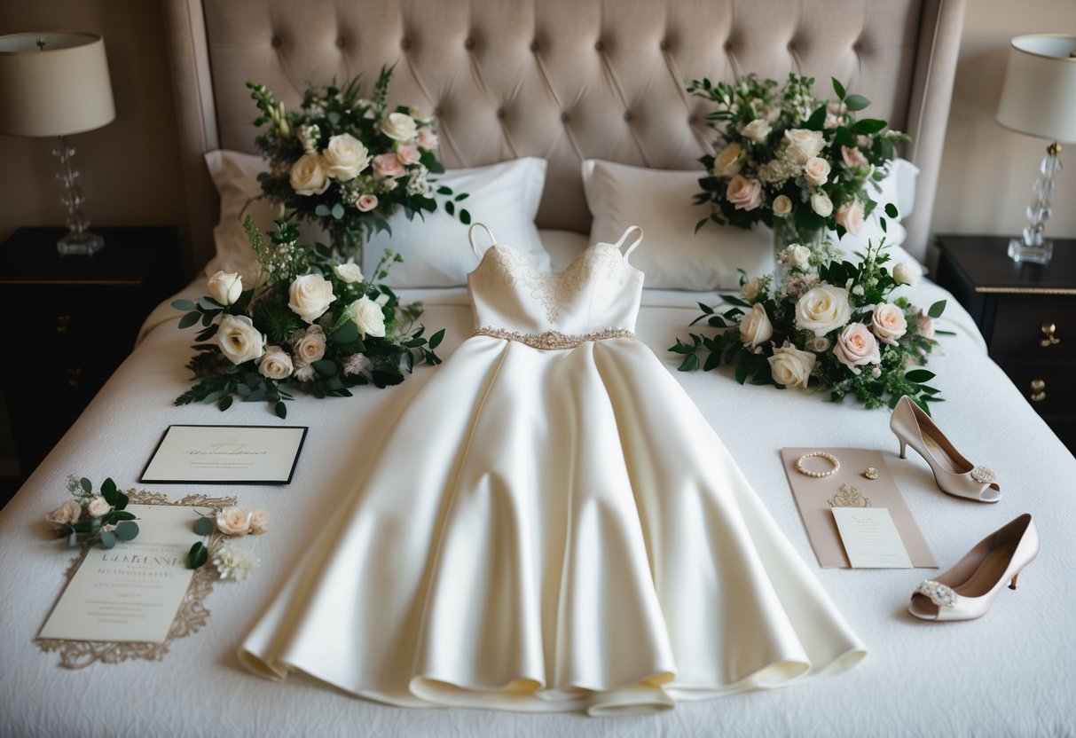 A woman's elegant dress and accessories laid out on a bed, surrounded by floral arrangements and a wedding invitation