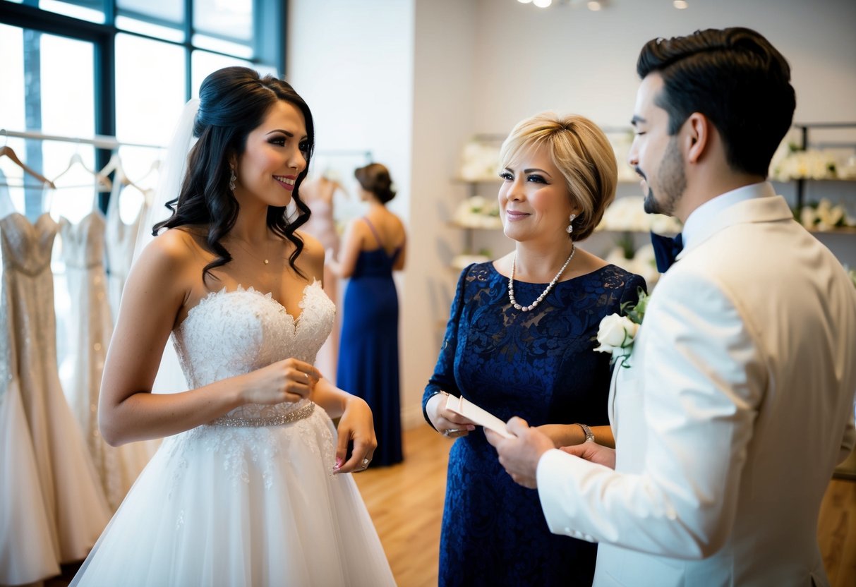 A woman in a bridal shop, trying on a dress with the groom's mother. They are discussing wedding expenses