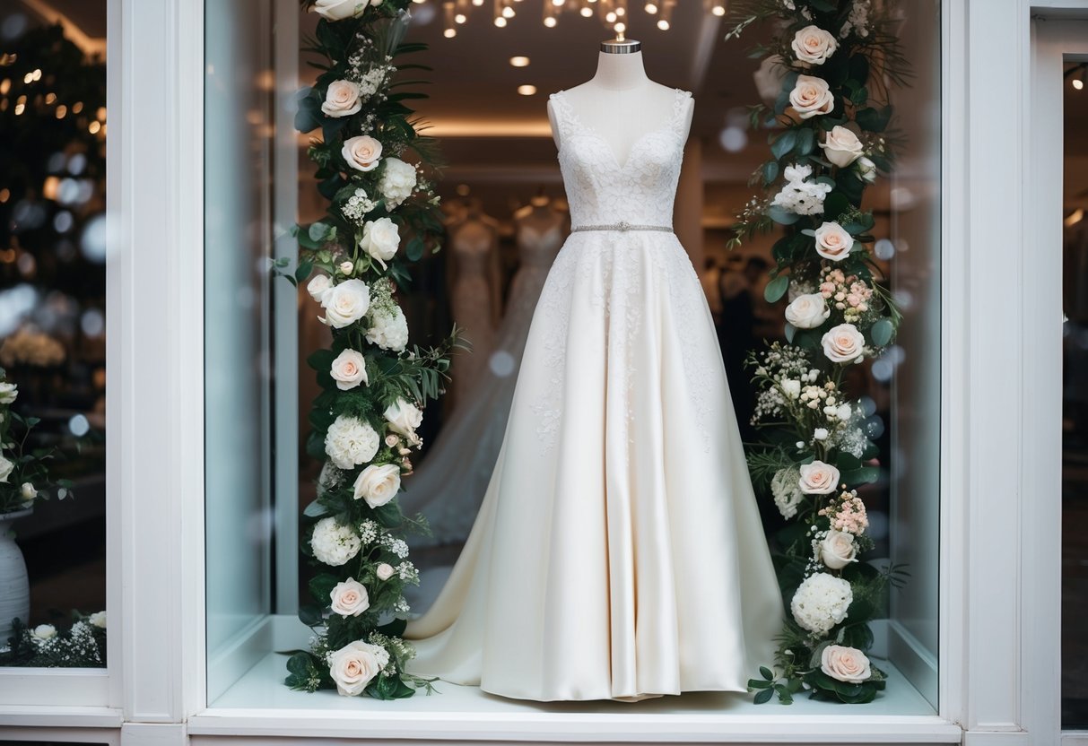 A woman's elegant dress displayed in a boutique window, surrounded by floral arrangements and wedding decorations