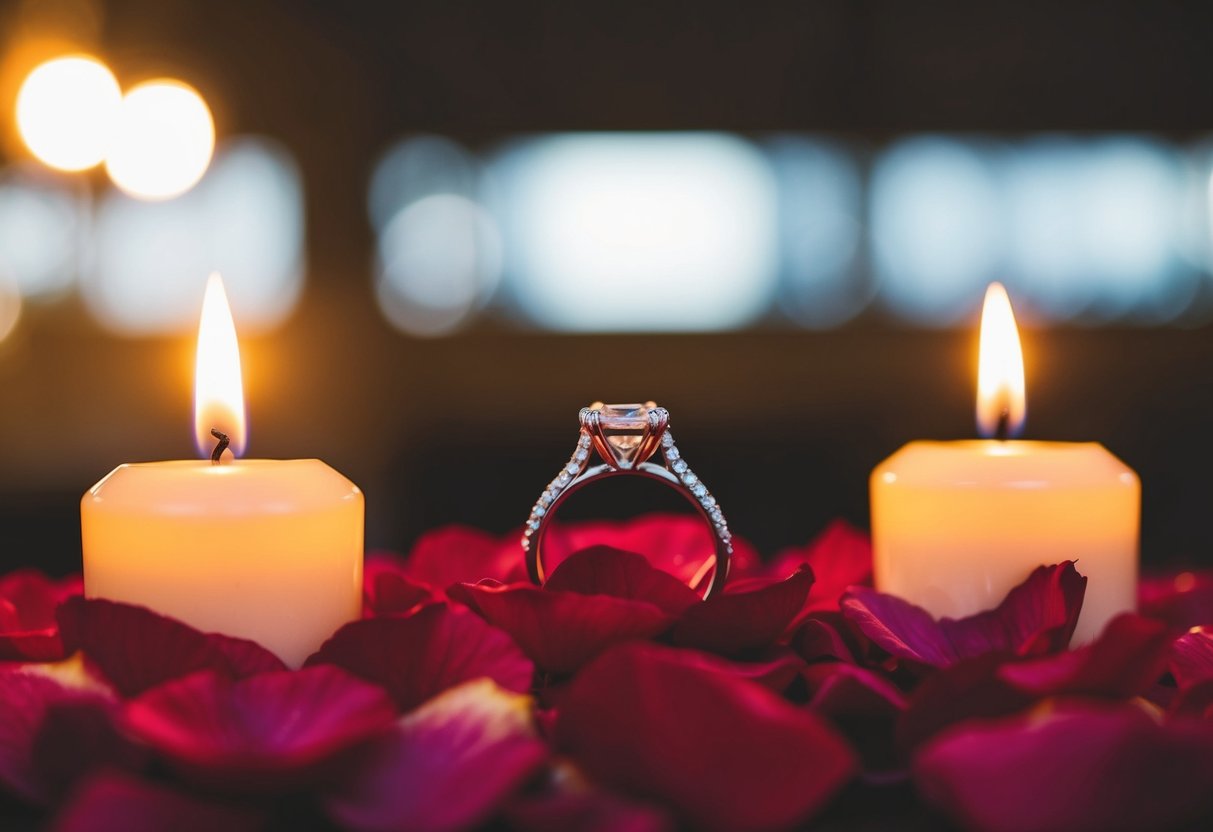 A ring placed on a bed of rose petals, surrounded by lit candles