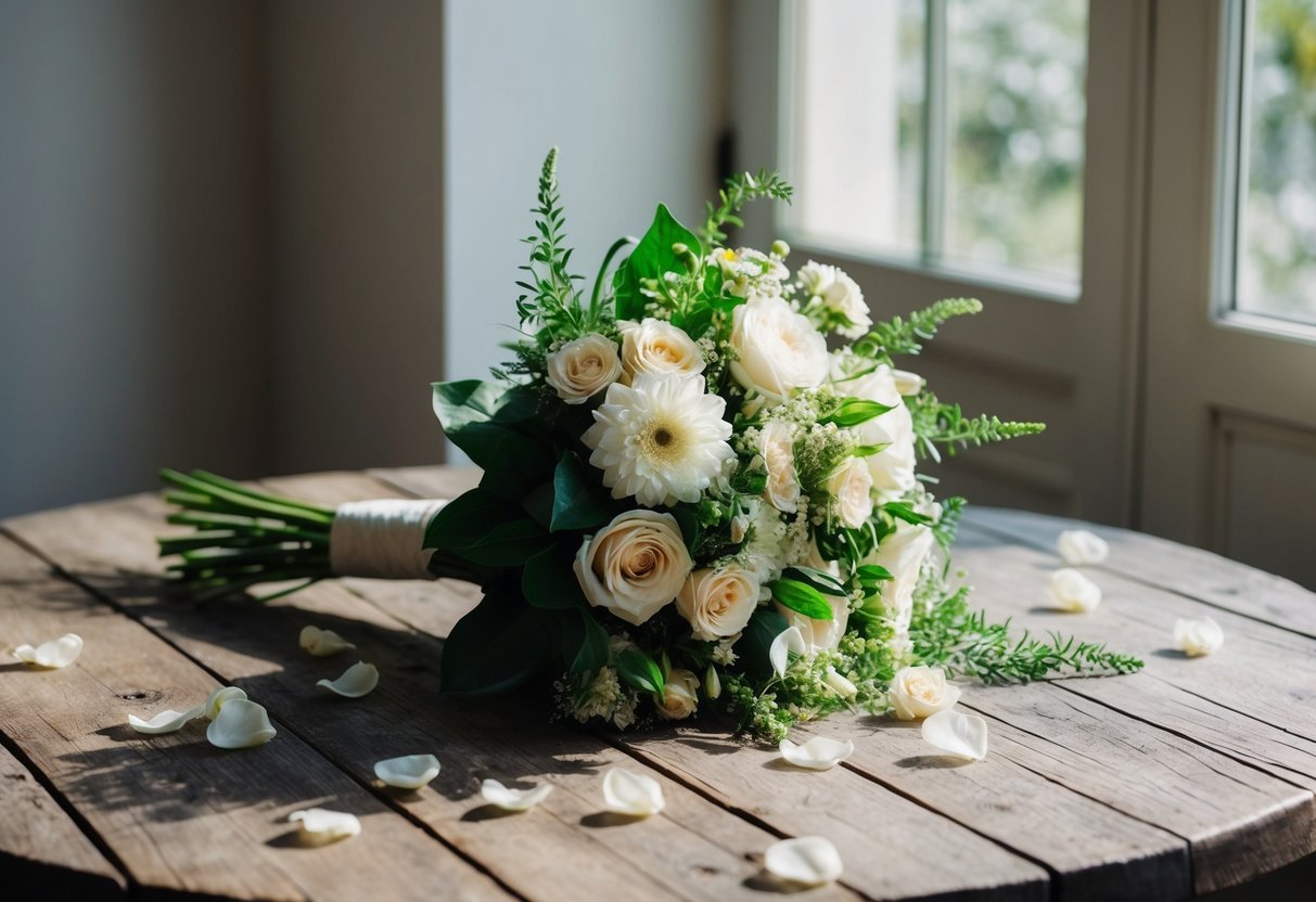 A bouquet lies on a rustic wooden table, surrounded by scattered petals and greenery. Sunlight streams through a nearby window, casting soft shadows on the delicate flowers