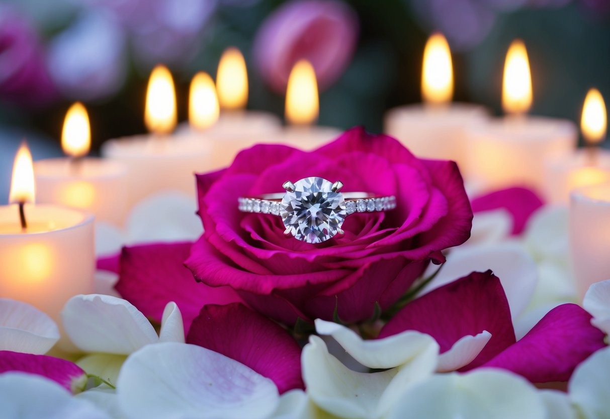 A sparkling diamond ring resting on a bed of fresh rose petals, surrounded by flickering candles