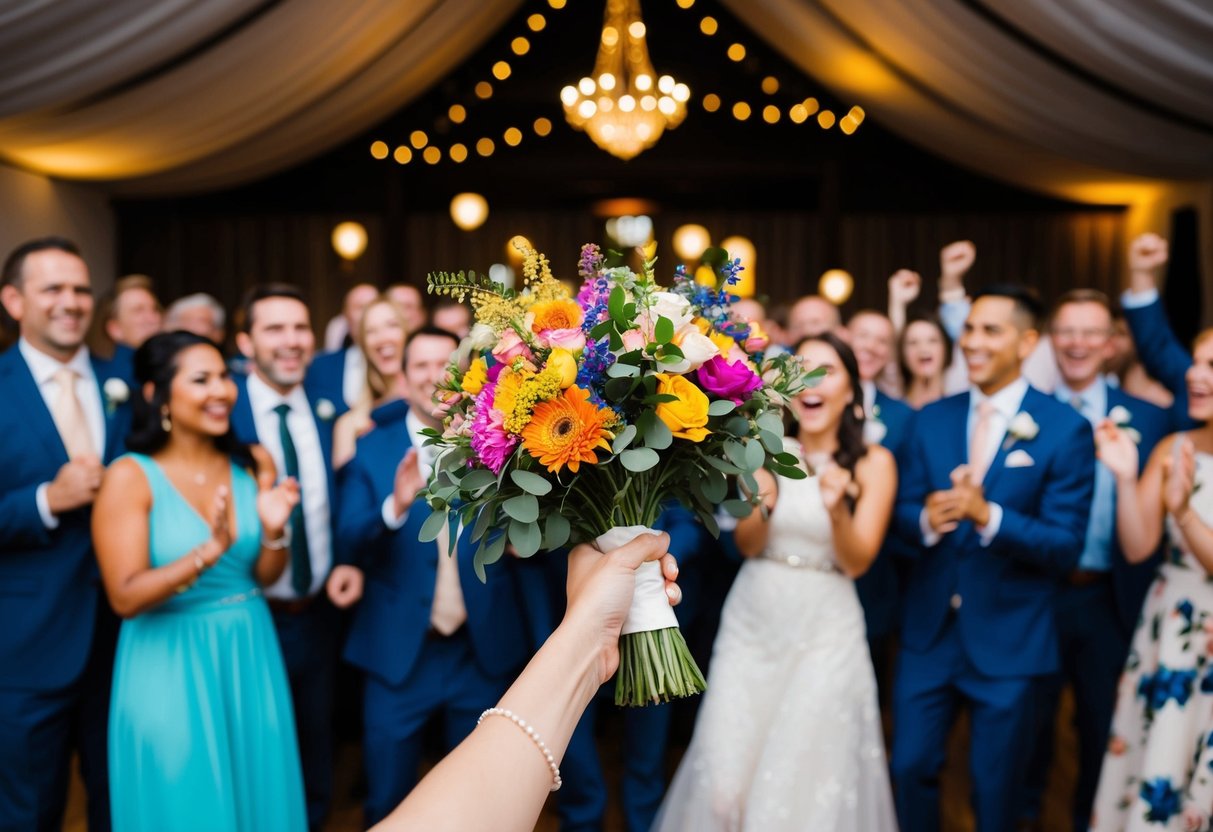 A hand holding a colorful bouquet in front of a joyful crowd at a wedding reception