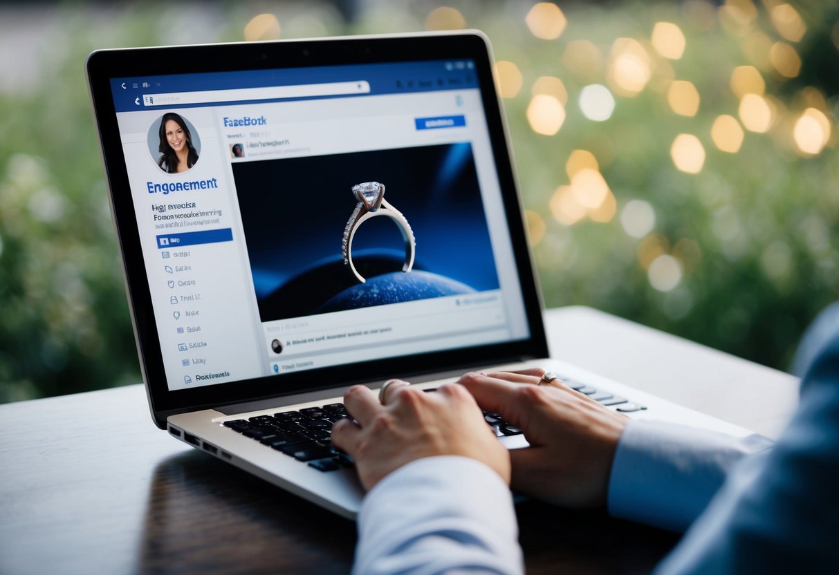 A laptop open to a Facebook page with a ring and engagement announcement displayed. Likes and comments are pouring in