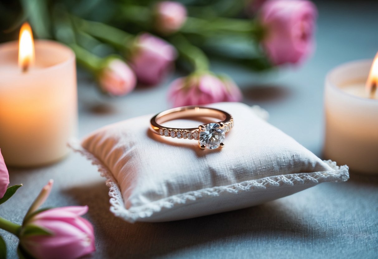 A ring placed on a delicate pillow, surrounded by blooming flowers and soft candlelight