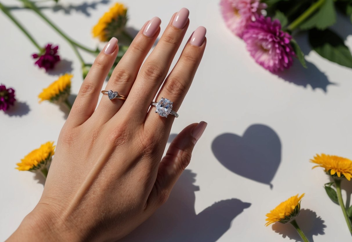 A left hand with a wedding ring, surrounded by flowers and a heart-shaped shadow