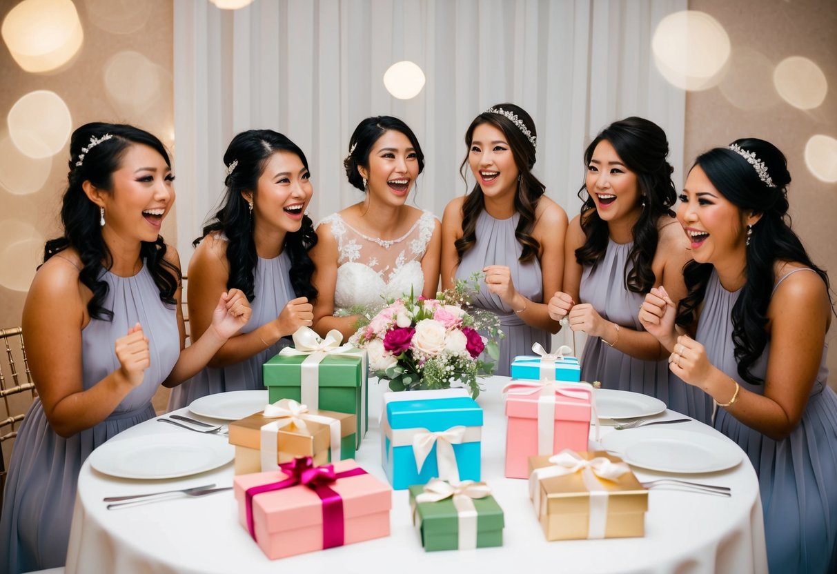 A table set with gifts and flowers, surrounded by excited bridesmaids