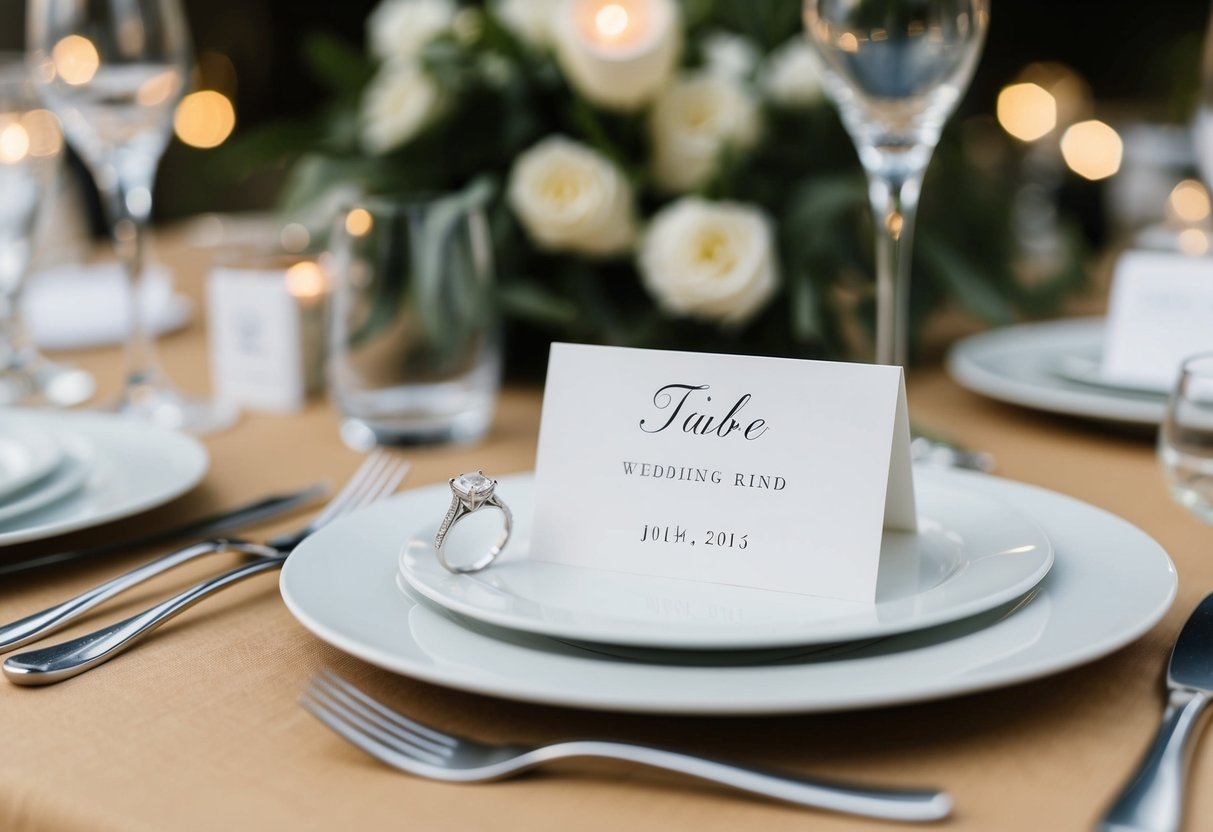 A table setting with a place card indicating seating on the left side, with a wedding ring placed on the left-hand side of the setting