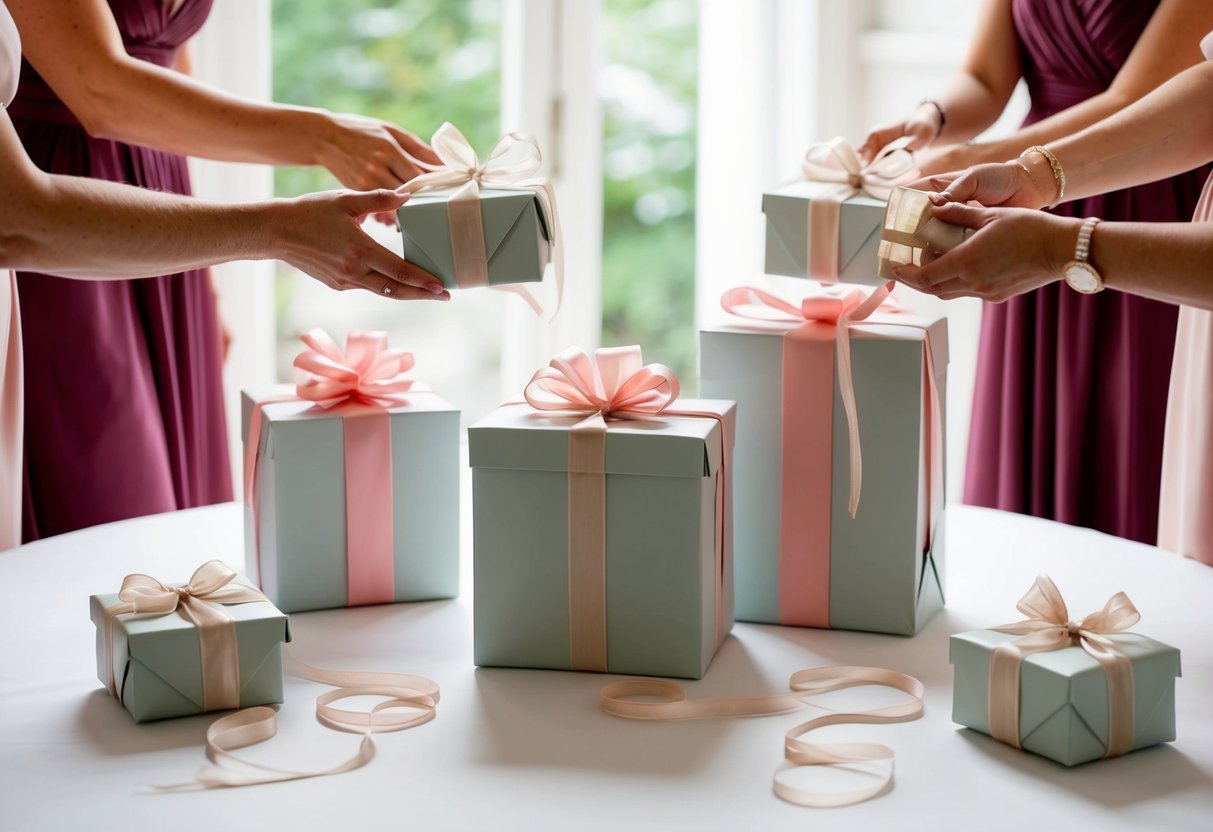 Bridesmaid gifts being placed on a table with elegant wrapping and delicate ribbons, ready to be presented