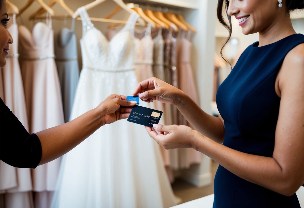 A woman hands over a credit card to a salesperson at a bridal boutique. The salesperson is holding a maid of honor dress on a hanger