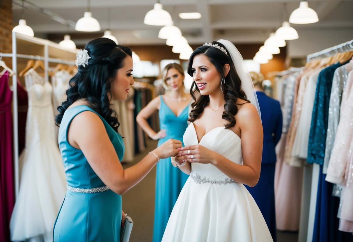 A bride and her maid of honor discussing dress shopping, with the bride offering to cover the cost