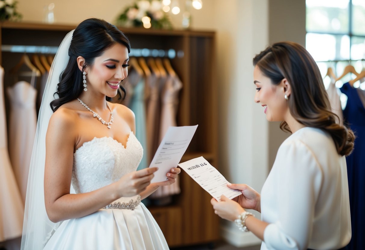 A woman holding a maid of honor dress while receiving a bill from a bridal shop