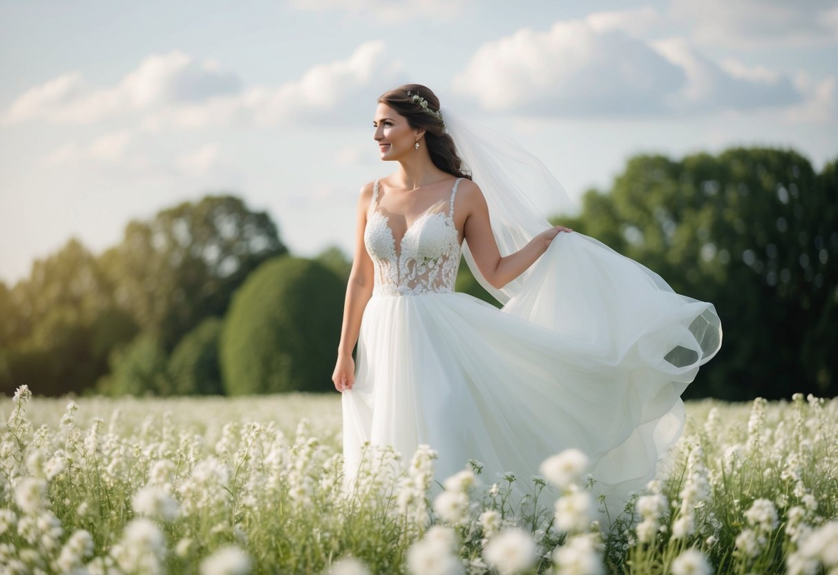 A bride standing in a field of white flowers, her dress billowing in the wind, symbolizing purity and new beginnings