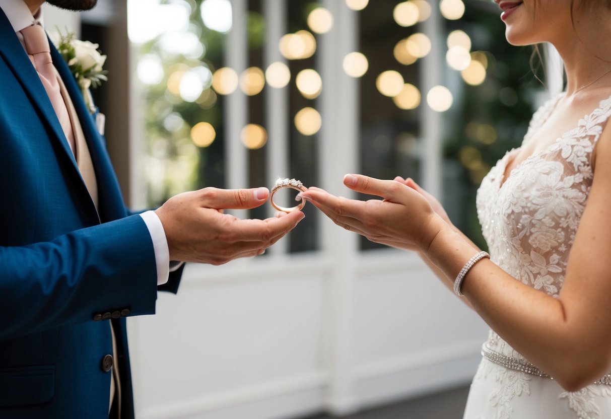 A bride and groom stand facing each other, holding out their hands. A jeweler presents them with two gleaming wedding bands