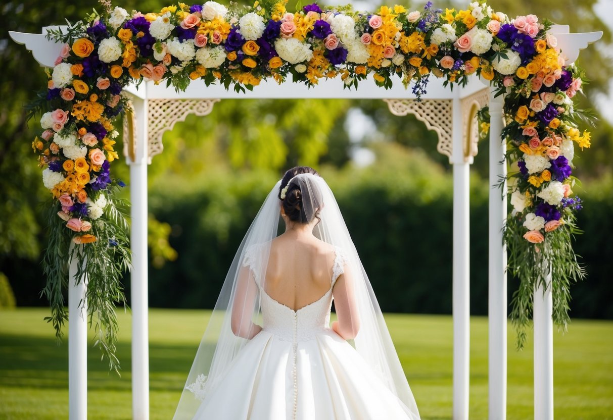 A bride wearing a white wedding dress stands beneath a traditional arch adorned with colorful flowers, symbolizing purity and new beginnings