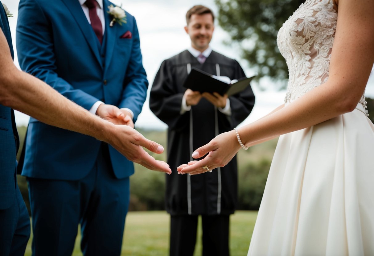 A bride and groom stand facing each other, holding out their hands with open palms, as a wedding officiant looks on