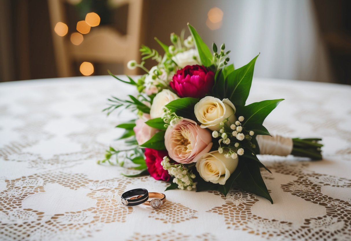 A floral bouquet and a pair of wedding rings on a lace tablecloth