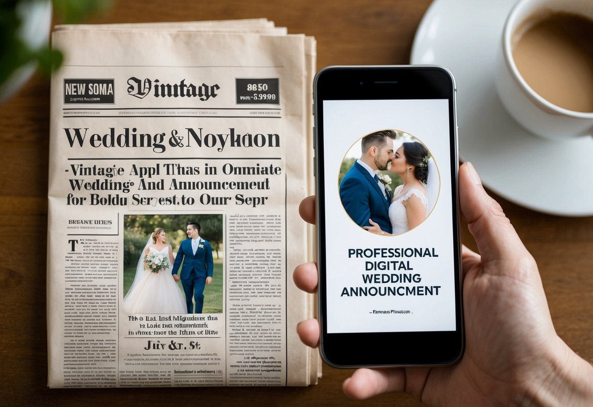 A vintage wedding announcement in a newspaper next to a modern digital wedding announcement on a smartphone screen