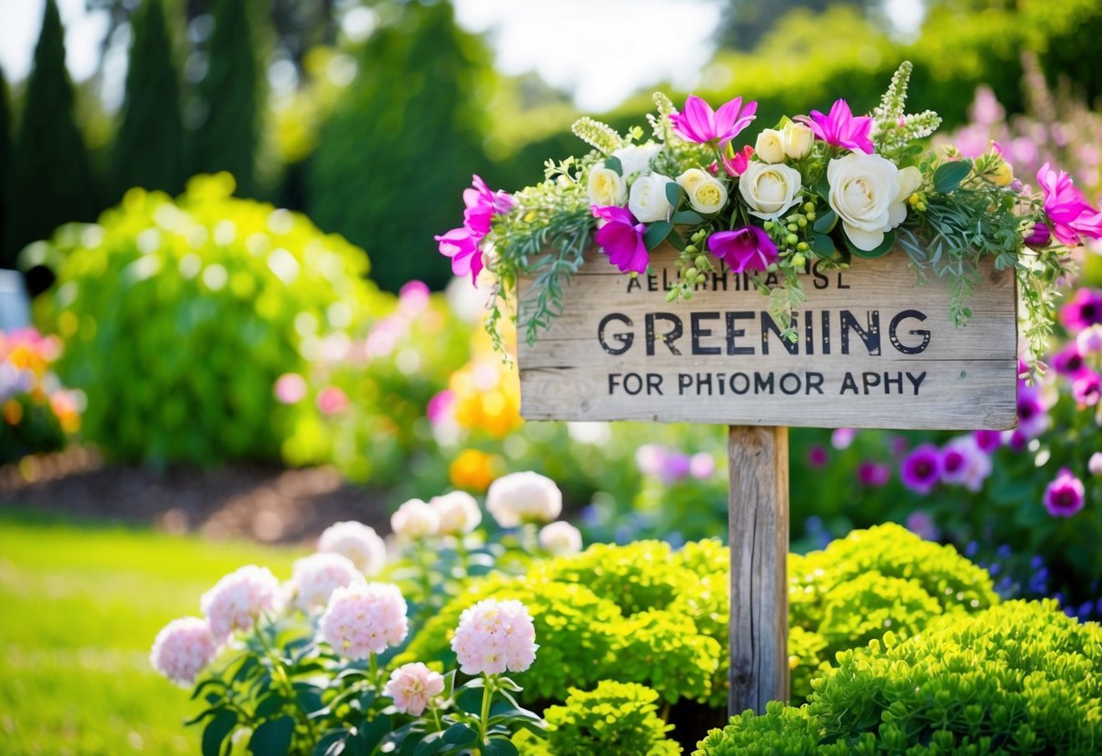 A picturesque outdoor setting with a blooming garden and a rustic wooden sign adorned with flowers and greenery