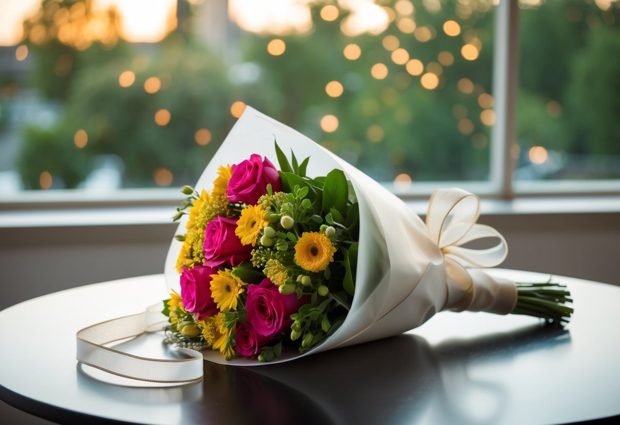 A bouquet of flowers sits on a table, wrapped in delicate ribbon
